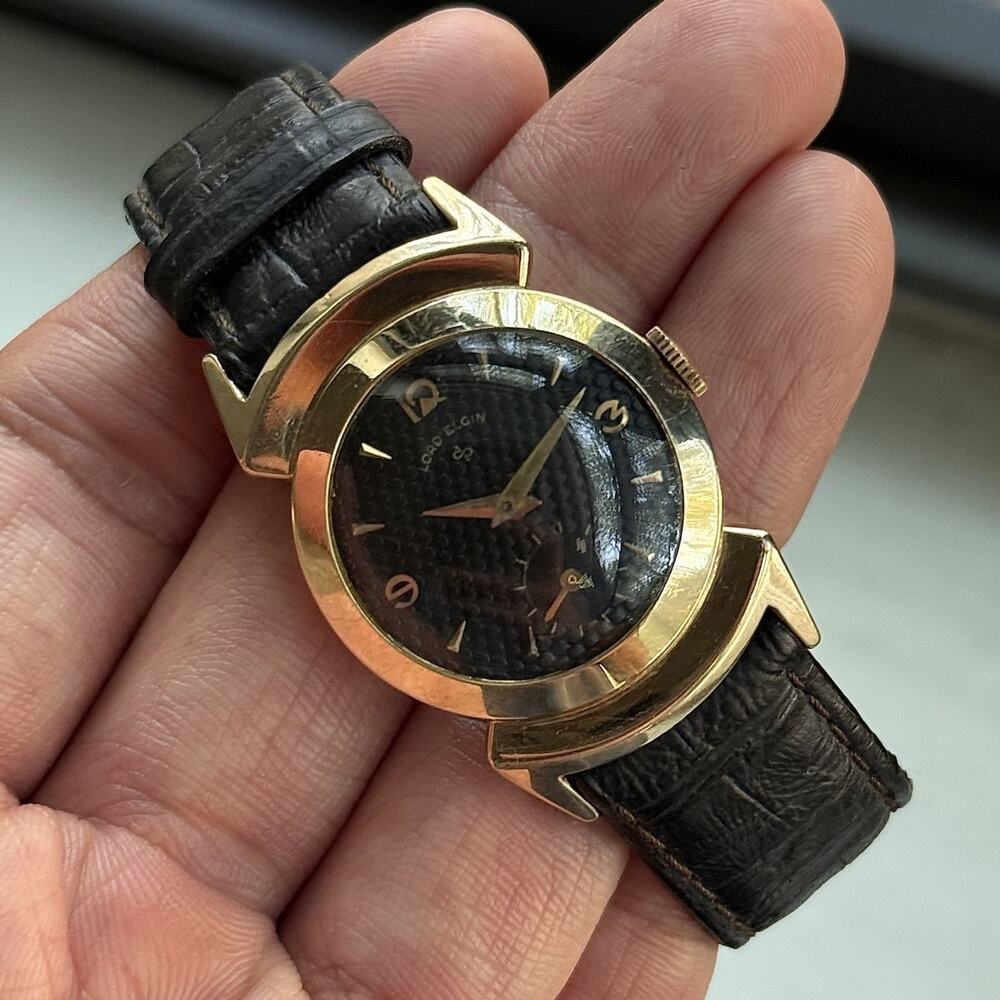 Vintage 50’s Lord Elgin Black Knight 14k Gold Filled Watch Waffle Black Dial